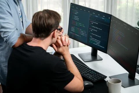 IT developers discussing online software development information. Sellable. Stock Photos