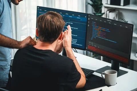 IT developers discussing online software development information. Sellable. Stock Photos