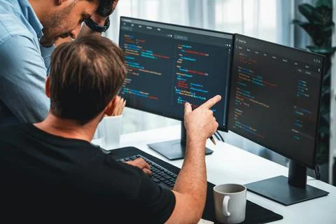 IT developers discussing online software development information. Sellable. Stock Photos