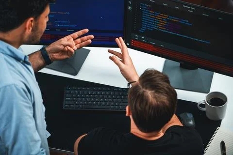 IT developers discussing online software development information. Sellable. Stock Photos