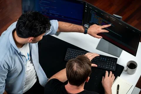 IT developers discussing online software development information. Sellable. Stock Photos