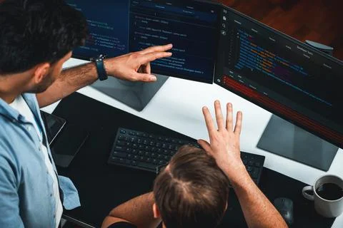 IT developers discussing online software development information. Sellable. Stock Photos