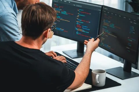 IT developers discussing online software development information. Sellable. Stock Photos