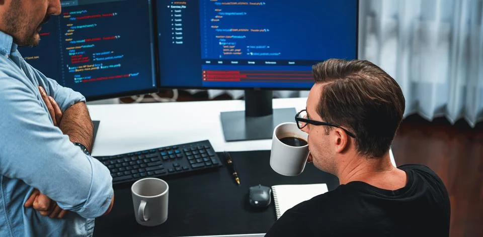 IT developers discussing online software development information. Sellable. Stock Photos