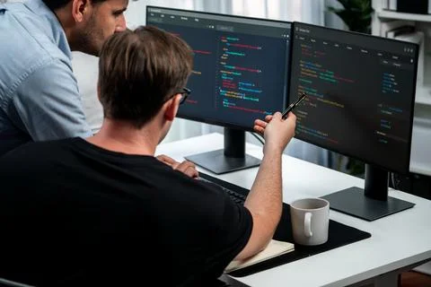 IT developers discussing online software development information. Sellable. Stock Photos