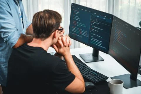 IT developers discussing online software development information. Sellable. Stock Photos