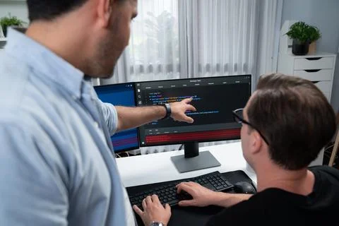 IT developers pointing on software development information. Sellable. Stock Photos