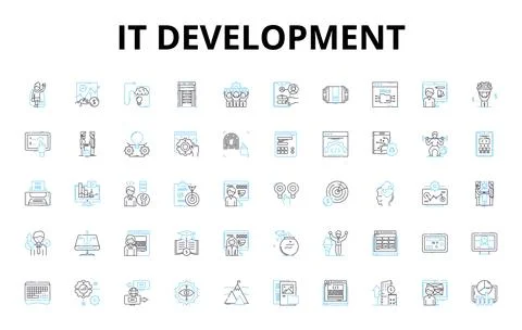 IT development linear icons set. Coding, Programming, Debugging, Testing Stock Illustration
