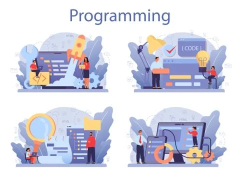 IT education concept set. Student write software and create code Stock Illustration