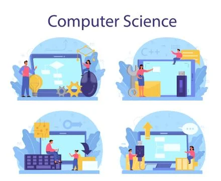 IT education concept set. Student write software and create code Stock Illustration
