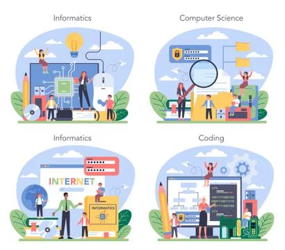 IT education concept set. Student write software and create code Stock Illustration