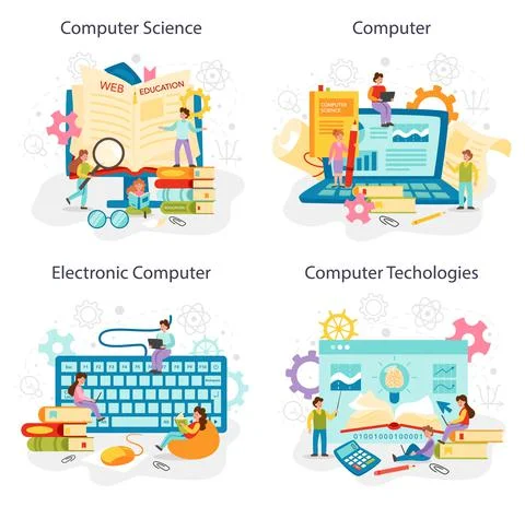 IT education concept set. Student write software and create code for computer Illustrazione stock