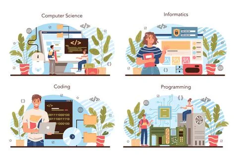 IT education concept set. Student write software and create code Stock Illustration