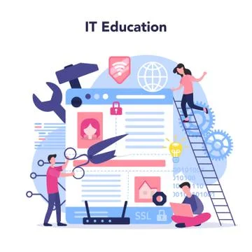 IT education concept. Student write software and create code Illustrazione stock