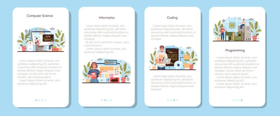 IT education mobile application banner set. Student write software Stockillustratie