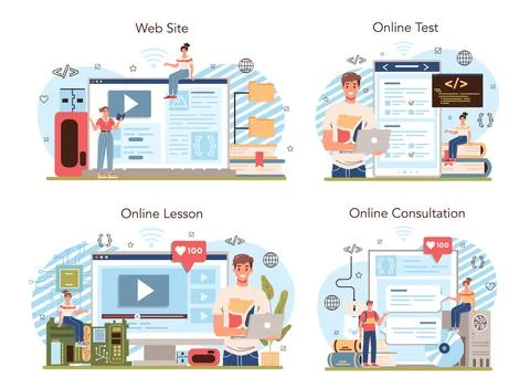 IT education online service or platform set. Student write software Stock Illustration