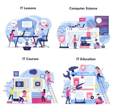 IT education set. Student write software and create code for computer. Illustrazione stock