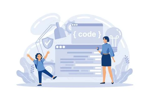 IT education. Student write software and create code for computer. Digital te Stock Illustration