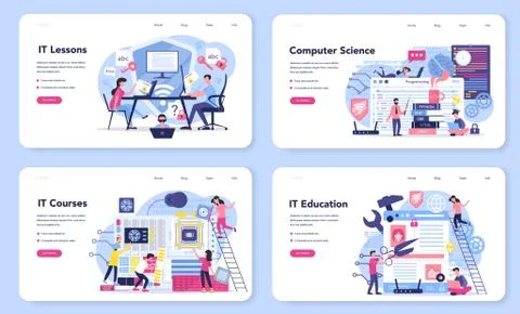 IT education web banner or landing page set. Student write software Stock Illustration