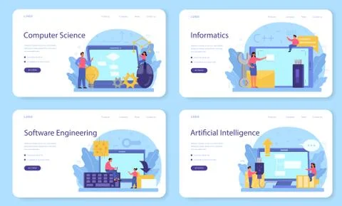 IT education web banner or landing page set. Student write Stock Illustration