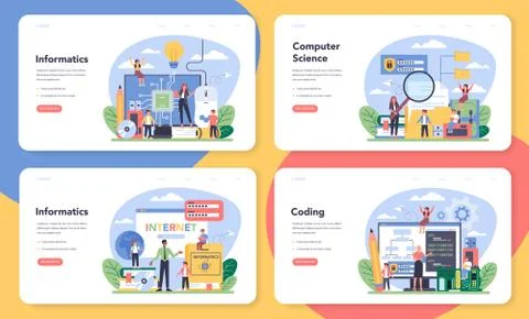 IT education web banner or landing page set. Student write Stock Illustration