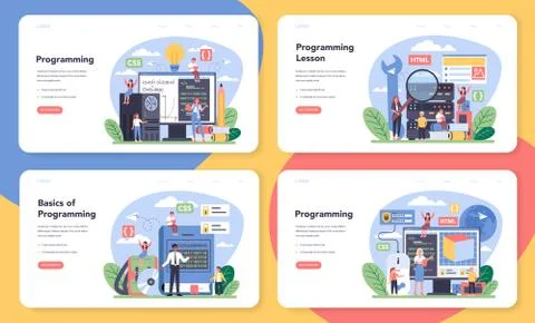 IT education web banner or landing page set. Student write イラスト素材