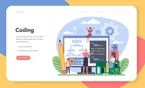 IT education web banner or landing page. Student write Stock Illustration