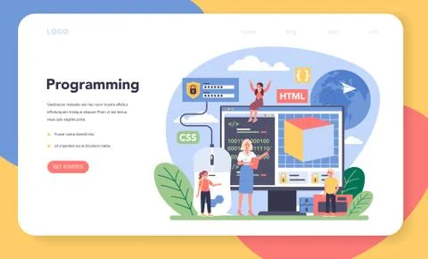 IT education web banner or landing page. Student write software イラスト素材