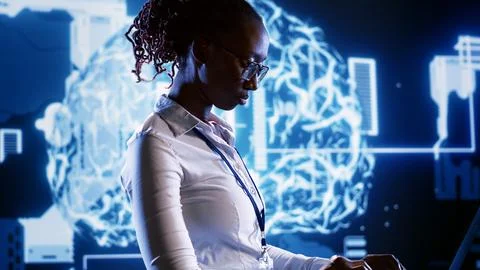 IT employee writing AI script Foto stock