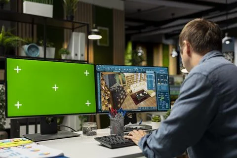 IT engineer architect uses green screen and CAD software Stockfoto's