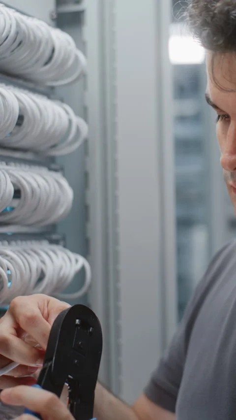 IT Engineer Assembling Custom Ethernet Patch Cord with RJ45 Connector Stock Footage 344965170