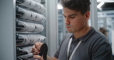 IT Engineer Assembling Custom Ethernet Patch Cord with RJ45 Connector Stock Footage 344967708