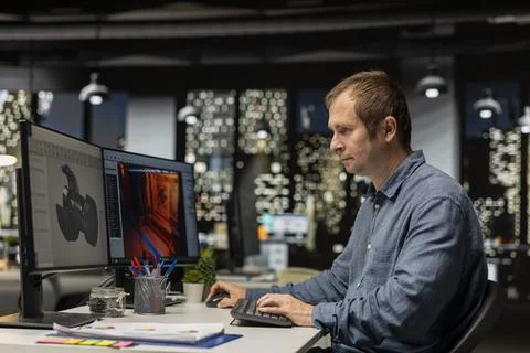 IT engineer checks AI game lobby and turbine to develop a new application Foto stock