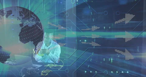 IT engineer connecting Ethernet cables to laptop, showing globe, data streaks Stock Footage 307441193
