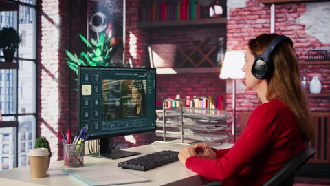 IT engineer at desk generating code algorithm with AI powered chat Video stock 306111119