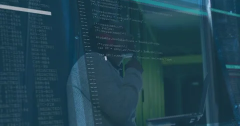 IT engineer entering data center, examining scrolling code modules for debugging Stock Footage 312230198