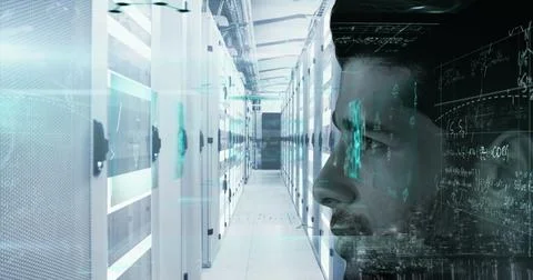 IT engineer examining code streams in data center corridor, with server racks, 写真素材