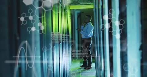 IT engineer getting alert and inspecting server racks, HUD telemetry Stock Footage 333902846