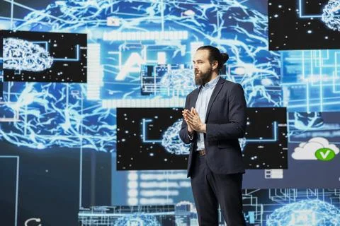 IT engineer hosting public speaking event to present new AI tech tools Stock Photos
