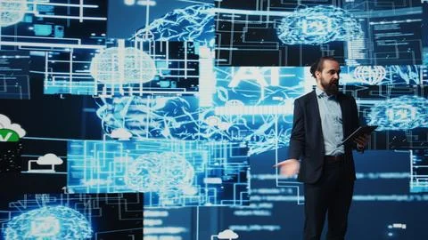 IT engineer hosting public speaking event to present new AI tech tools 스톡 사진