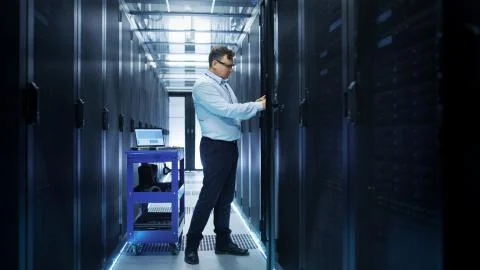 IT Engineer Installing Hard Drives into Working Rack Server. He's Working in  Foto stock