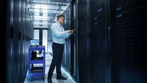 IT Engineer Installing Hard Drives into Working Rack Server. He's Working in  Foto stock