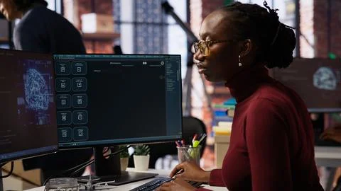 IT engineer interacts with AI LLM chatbot on PC in software development startup Stock Photos