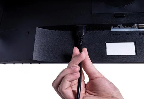 IT engineer Man hand inserts cable into monitor. Man hand connecting the DVI Foto stock