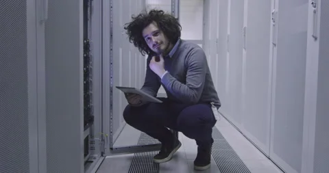 IT engineer or data science specialist working on tablet computer in server room Vídeos de archivo 219544375