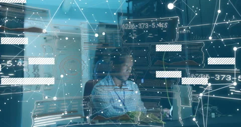 IT engineer plugging yellow cable causing network nodes, data bars hovering for Stock Footage 312230359