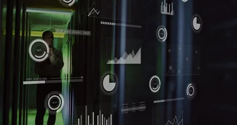 IT engineer scanning tablet, entering server corridor and showing hologram Video stock 310385657