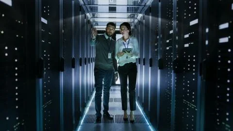 IT Engineer Shows Working Data Center / Server Room to Female Chief Engineer  스톡 사진