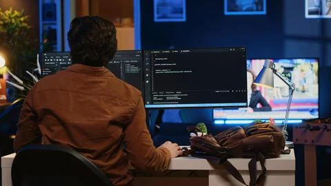 IT engineer starting job shift in apartment, writing lines of code on computer Stock Photos