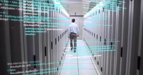 IT engineer walking server corridor activating code showing monitoring, Stock Footage 312845290